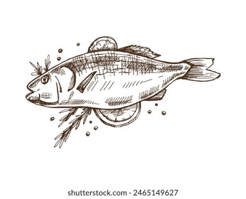 Hand-drawn monochrome vector sketch of barbecue fish. Doodle vintage illustration. Decorations for the menu of cafes and labels. Engraved image.	