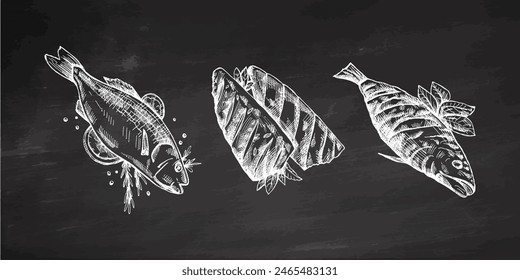 Hand-drawn monochrome vector sketch of barbecue fish. Doodle vintage illustration on chalkboard background. Decorations for the menu of cafes. Engraved image.