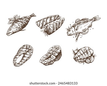 Hand-drawn monochrome vector sketch of barbecue fish and pieces of barbecue salmon steaks. Doodle vintage illustration. Decorations for the menu of cafes and labels. Engraved image.