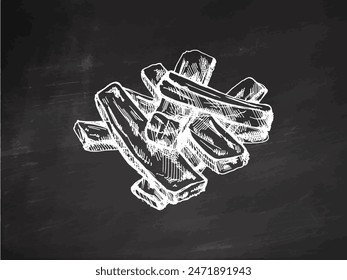 Hand-drawn monochrome vector sketch of barbecue ribs. Doodle vintage illustration. Decorations for the menu of cafes and labels. Engraved image on chalkboard background.	