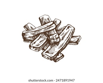 Hand-drawn monochrome vector sketch of barbecue ribs. Doodle vintage illustration. Decorations for the menu of cafes and labels. Engraved image.	