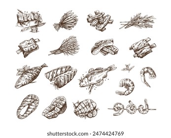 Hand-drawn monochrome vector sketch of barbecue fish and pieces of barbecue salmon steaks, prawns, shrimps, ribs greens. Doodle vintage illustration. Decorations for the menu 