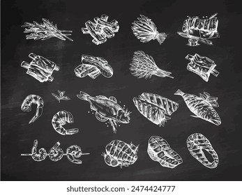 Hand-drawn monochrome vector sketch of barbecue fish and pieces of barbecue salmon steaks, prawns, shrimps, ribs greens. Doodle vintage illustration. Decorations for the menu on chalkboard