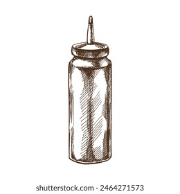 Hand-drawn monochrome vector sketch of bottle with ketchup, mayonnaise or mustard. Doodle vintage illustration. Decorations for the menu of cafes and labels. Engraved image.