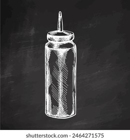 Hand-drawn monochrome vector sketch of bottle with ketchup, mayonnaise or mustard. Doodle vintage illustration on chalkboard background. Engraved image.