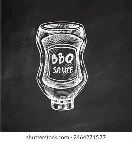 Hand-drawn monochrome vector sketch of bottle of barbecue sauce. Doodle vintage illustration on chalkboard background. Decorations for menu of cafes. 