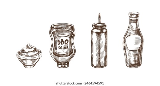 Hand-drawn monochrome vector sketch of bottles with ketchup, mayonnaise or mustard and  barbecue sauce. Doodle vintage illustration on white background. 