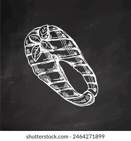 Hand-drawn monochrome vector sketch of piece of barbecue salmon steak. Doodle vintage illustration on chalkboard background. Decorations for menu of cafes. 