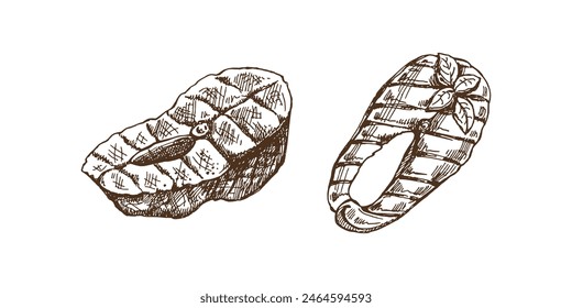 Hand-drawn monochrome vector sketch of pieces of barbecue salmon steaks. Doodle vintage illustration. Decorations for the menu of cafes and labels. Engraved image.