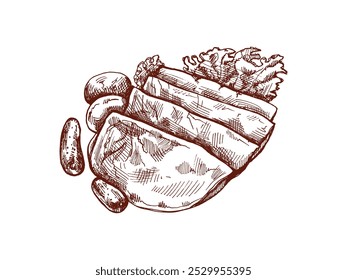 Desenho à mão monocromático vetorial de carne de porco, fatia de presunto, esboço de colheita de presunto. Açougue. 