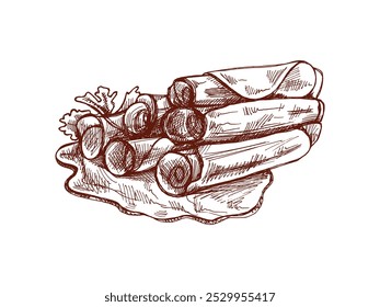 Desenho à mão monocromático vetorial de carne de porco, fatia de presunto, esboço de colheita de presunto. Açougue. 