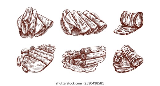 Desenho à mão monocromático vetorial de carne de porco, fatia de presunto, esboço de colheita de presunto. Açougue. 