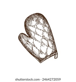 Hand-drawn monochrome vector sketch of potholders mitten. Doodle vintage illustration. Decorations for the menu of cafes and labels. Engraved image.