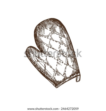 Hand-drawn monochrome vector sketch of potholders mitten. Doodle vintage illustration. Decorations for the menu of cafes and labels. Engraved image.