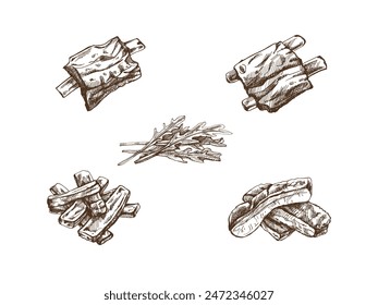 Hand-drawn monochrome vector sketch set of barbecue ribs and a bunch of arugula. Doodle vintage illustration. Decorations for the menu of cafes and labels. Engraved image.	