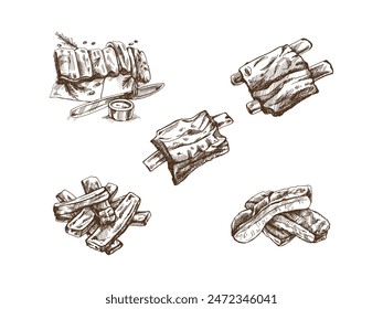 Hand-drawn monochrome vector sketch set of barbecue ribs. Doodle vintage illustration. Decorations for the menu of cafes and labels. Engraved image.	