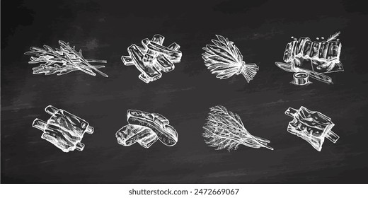 Hand-drawn monochrome vector sketch set of barbecue ribs and a greens. Doodle vintage illustration. Decorations for the menu of cafes and labels. Engraved image on chalkboard background.
