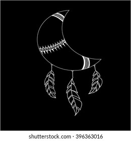 Hand-drawn moon dreamcatcher with feathers. Ethnic illustration, tribal, American Indians traditional symbol.