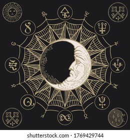 Hand-drawn Moon with magic symbols on the black background. Vector banner with esoteric signs written in a circle in retro style