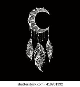 Hand-drawn moon mandala dreamcatcher with feathers. Ethnic illustration, tribal, American Indians traditional symbol.