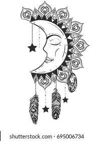 Hand-drawn moon mandala dreamcatcher with feathers and stars.Vintage, boho, gypsy style.