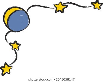 A hand-drawn moon with stars connected by a wavy line in a playful style. The illustration depicts a celestial theme with a whimsical touch. Cartoon vector illustration.