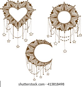 Hand-drawn moon sun heart mandala 