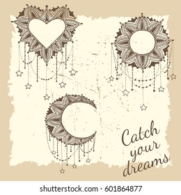 Hand-drawn moon sun heart mandala dreamcatcher with feathers. Ethnic illustration, tribal, American Indians traditional symbol.