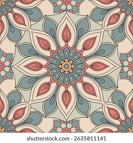 A hand-drawn Moroccan mandala lines, floral motifs, and geometric symmetry with soft  pastel blue pink and cream. Inspired by traditional Islamic architecture and Moroccan Zellige mosaics. 