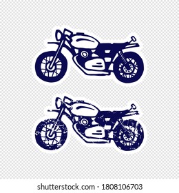 Hand-drawn motorcycle sticker design. Flat and textured set