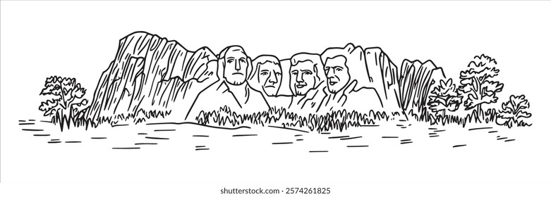 hand-drawn mount rushmore landscape with trees and rocks in black and white