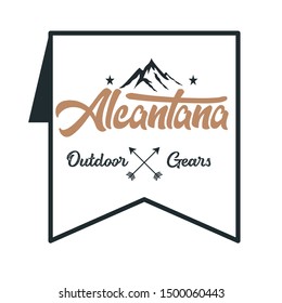 hand-drawn mountain badge or adventure label suit for outdoor equipment logo brand and marketing elements
