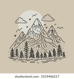Hand-drawn mountain landscape illustration with pine trees, clouds, and birds. Minimalistic and vintage style on beige background. Suitable for nature themes, hiking, and adventure designs.