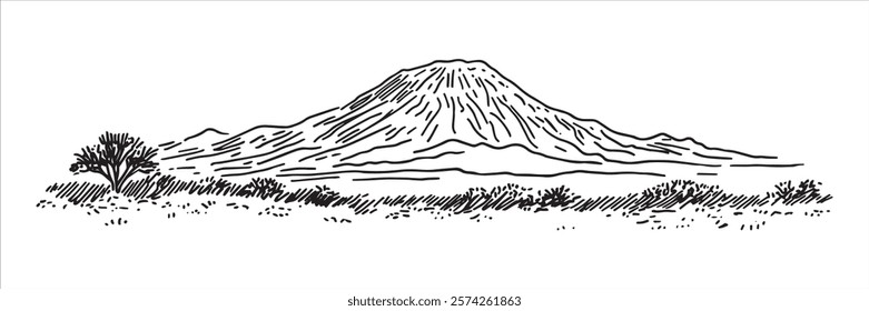 hand-drawn mountain landscape with shrubs and tree in black and white