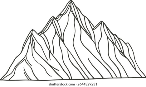 Hand-drawn mountain peak line art illustration, perfect for outdoor adventure designs, nature-themed prints, and minimalist landscape Great for travel, hiking, and exploration graphics.