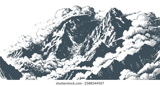 A hand-drawn mountain sketch covered in thick clouds, creating a mystical and dramatic atmosphere. Perfect for nature illustrations, landscapes, and adventure-themed designs.