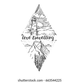 Hand-drawn Mountains Illustration. lighthouse. nature 