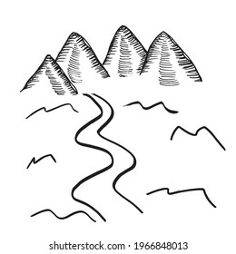 Handgezeichnete Berge einzeln auf weißem Hintergrund, Vektorgrafik. Drucken Sie für Grußkarten und Grußkarten.