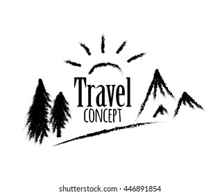 Hand-drawn mountains,sun and trees. Travel concept.Template logtype,emblems.