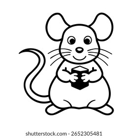 Rato puxado à mão segurando um cubo sorrindo com bigodes grandes orelhas em roedor animal