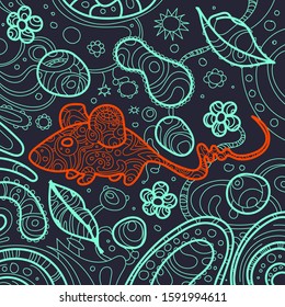 Hand-drawn mouse in vector. Ornament with flowers, moldings and gemometric figures.Poster with a fabulous animal


