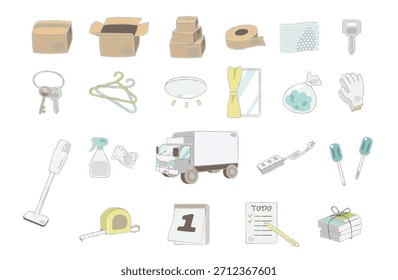 Dibujado a mano Mover y Embalaje Essentials Icon Set