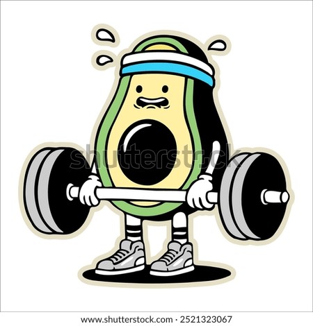 Hand-drawn Mr. Avocado at the gym lifting weights illustration. Creative sticker symbolizing fitness, health, and humor. Vector illustration for food lovers, gym enthusiasts, and quirky designs.