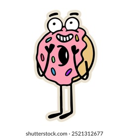 Dibujado a mano Mr. Donut ilustración de personaje. Pegatina creativa que simboliza la diversión, la dulzura y el humor. Ilustración vectorial para los amantes de la comida, diseños juguetones y personajes peculiares.