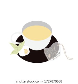 Hand-drawn mug and saucer. Camellia sinensis flower. Brewed Chinese green tea in a bag. Vector illustration isolated on a white background.