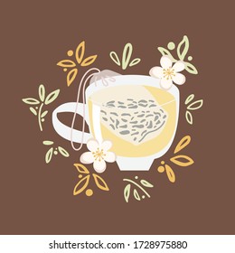 Hand-drawn mug and saucer in doodle style Camellia sinensis flower. Brewed Chinese green tea in a bag. Vector illustration isolated on a dark background.