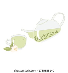 A hand-drawn mug and teapot with Chinese green tea. Camellia sinensis flower. The petals of the plant in the pot. Vector illustration isolated on a white background.