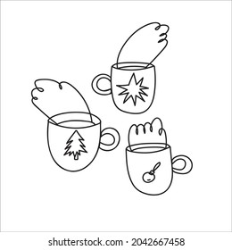 Hand-drawn mugs, cocoa, coffee. Doodle style. Winter warming drinks. Vector illustration on an isolated white background. Cute colorful dishes.
