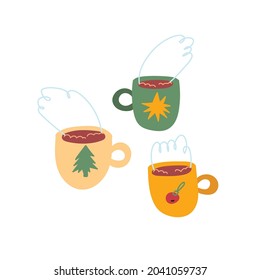 Hand-drawn mugs, cocoa, coffee. Winter warming drinks. Vector illustration on an isolated white background. Cute colorful dishes.