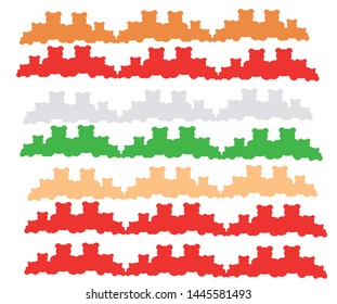 Hand-drawn multi-colored bears of different sizes on a white background